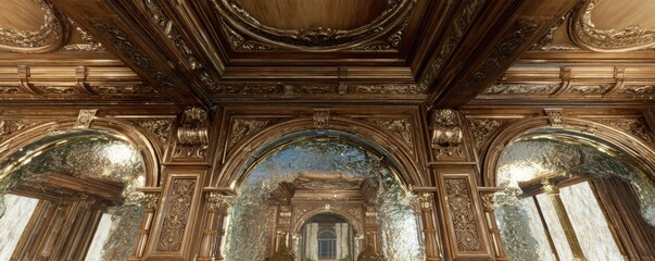 Ornate gold interior with arched windows and ceiling details showing reflections of a building inside