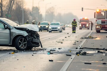 A car accident scene with damaged vehicles and debris on the road.