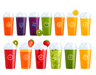 Flat Design Set of Clear Plastic Juice Cups with Minimalist Fruit Icons, Transparent Background PNG