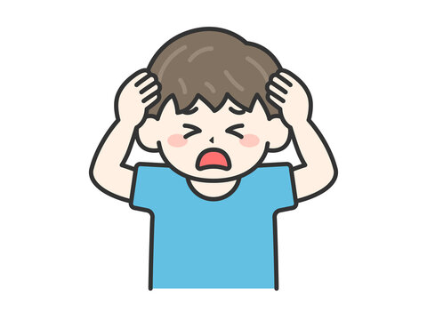 頭を抱えて悩む男の子｜困った表情の子供のイラスト