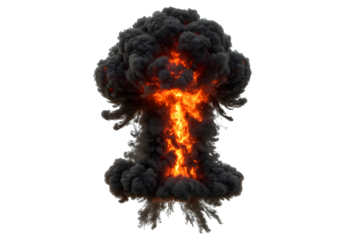 Fiery mushroom cloud explosion isolated on transparent background