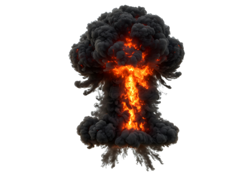 Fiery mushroom cloud explosion isolated on transparent background