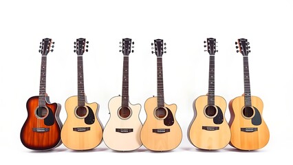 Fototapeta premium Six acoustic guitars arranged in a row on white, professional and clean composition.