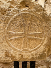 Symbol in the new church protecting the excaveted church remains at Mount Nebo, an elevated ridge in Jordan