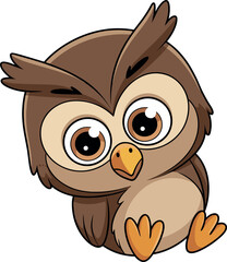 Round fluffy cartoon owl with big eyes, orange beak and feet, raised eyebrows, sitting pose, brown feathers, cute forest bird illustration