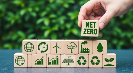 Concept of net zero target and carbon neutrality with wooden blocks and environmental icons