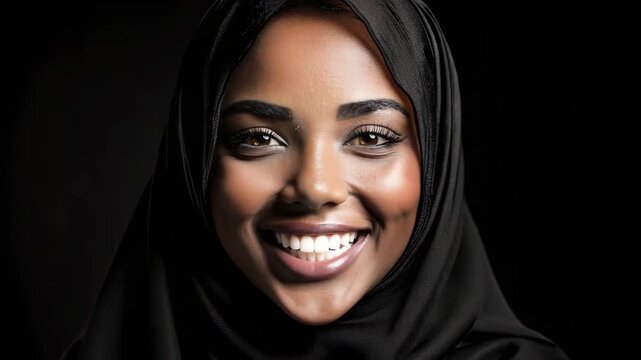 portrait arabic of an young muslim woman with headscarf smile on black background	
