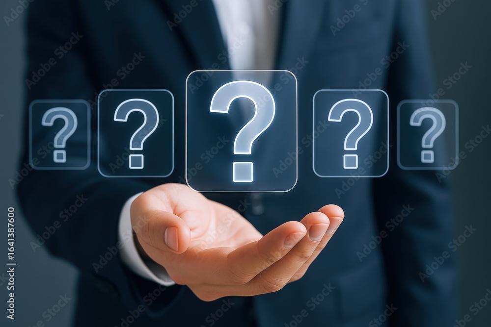 Poster conceptual hand presenting question marks: solutions, guidance, and problem solving in business deci
