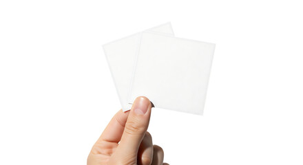 Hand holding two blank square business cards for a mockup. Isolated on transparent background, png
