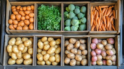 Fresh Vegetables and Potatoes Displayed in Wooden Crates at a Market in the Countryside.