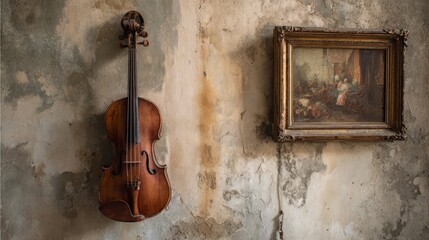 Violin and picture on old wall
