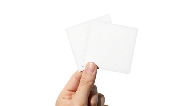 Hand holding two blank square business cards for a mockup. Isolated on transparent background, png