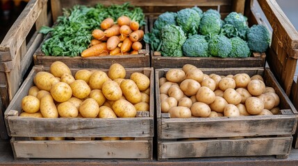 Fresh Vegetables and Potatoes Displayed in Wooden Crates at a Market in the Countryside