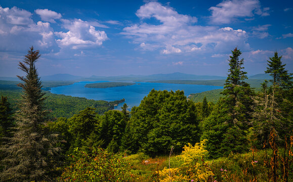 Height of Land, a magnificent roadside rest stop and scenic overlook with sweeping views of the Rangeley Lakes and surrounding mountains in western Maine, USA.