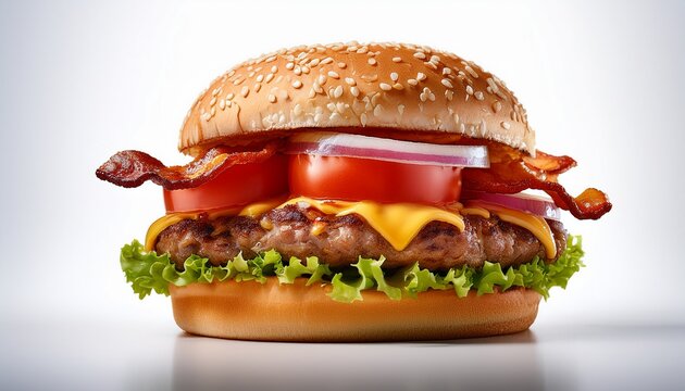 juicy homemade double cheese bacon burger topped with crisp lettuce fresh onion slices and ripe tomato on a clear white background dreamy isolated with white highlights