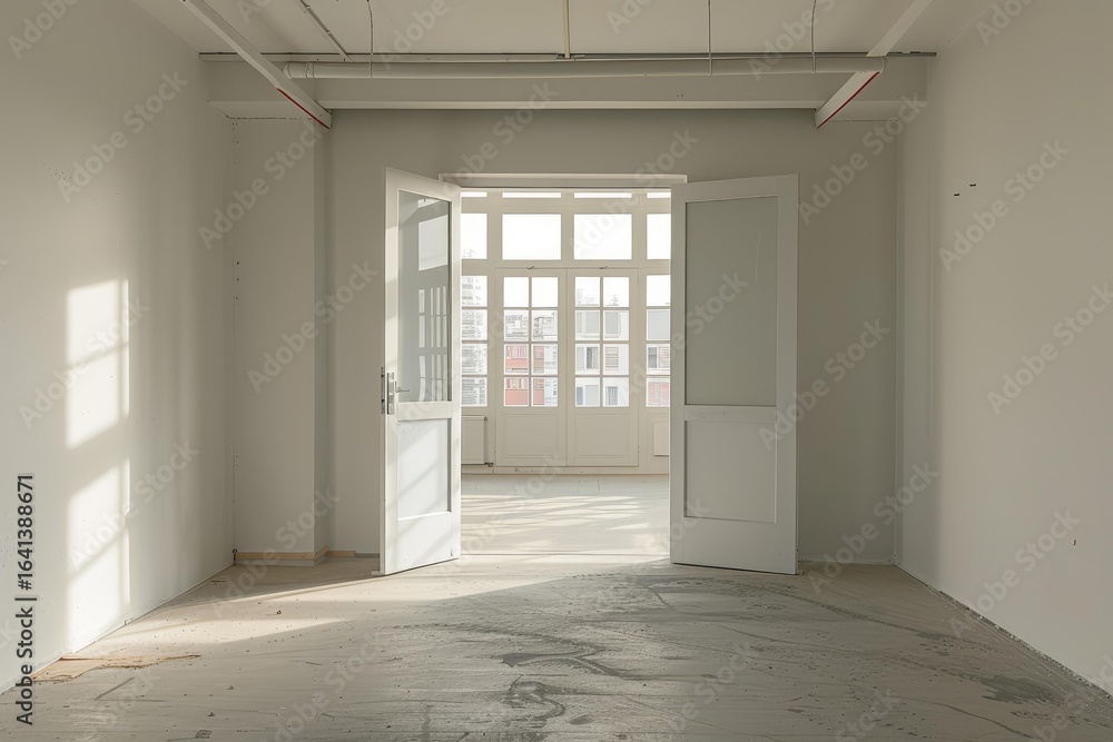 Poster sunlight streaming into a renovated empty room with open doors, revealing large windows and a view o