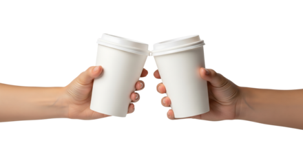 Two hands making a toast with white paper coffee cups. Isolated on transparent background, png
