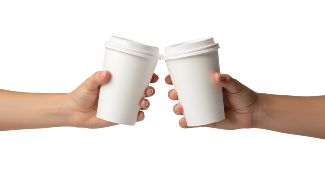 Two hands making a toast with white paper coffee cups. Isolated on transparent background, png - Powered by Adobe