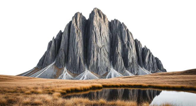 Rocky mountain peak with reflection in a lake and dry grass. Isolated on transparent background, png