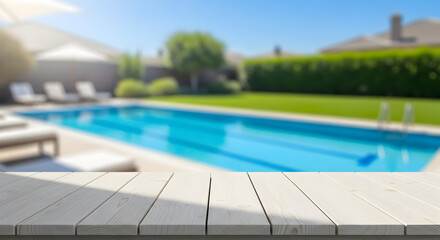 Obraz premium Imagine summer days relaxing by the pool with this bright wooden table product display background template