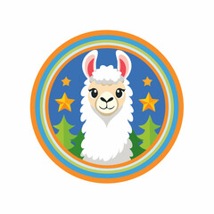 A vibrant circular illustration featuring a friendly llama surrounded by nature elements