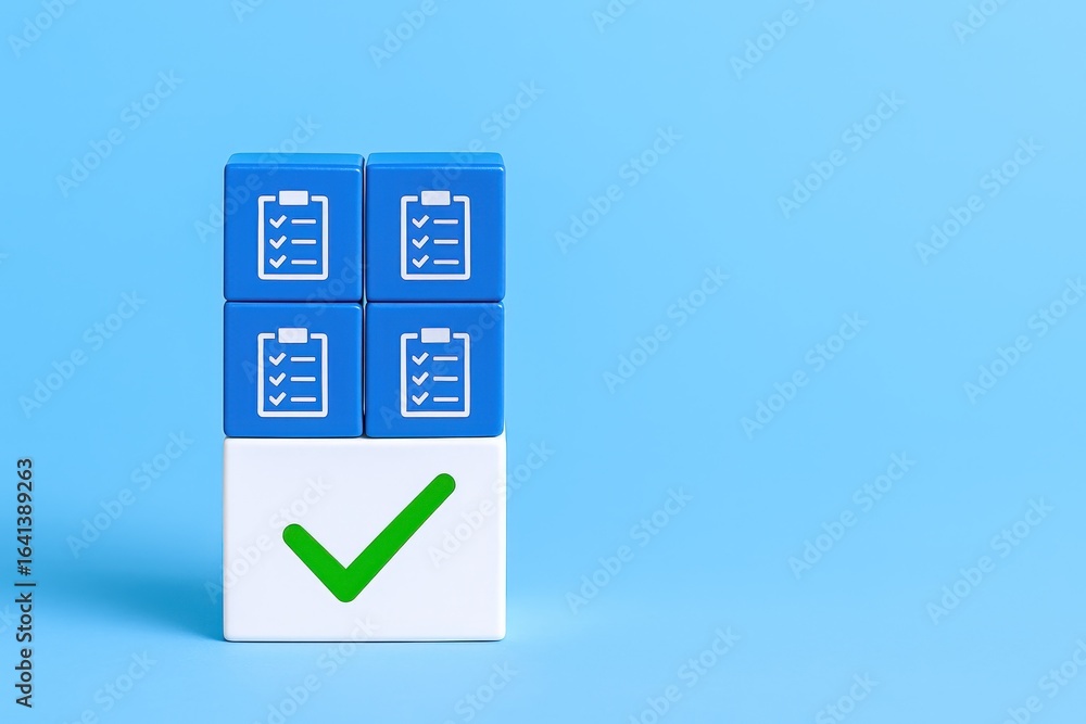 Aufkleber task completion: stack of blocks displaying checklist icons and a green check mark on blue