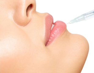 Close-Up of Female Lips with Injection Syringe Near, Side View, Transparent Background PNG