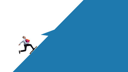 Collage of businessman holding folders rides skateboard onto giant blue speech bubble. Concept of fast communication, business creativity, and innovation, with ample copy space for message and ad.