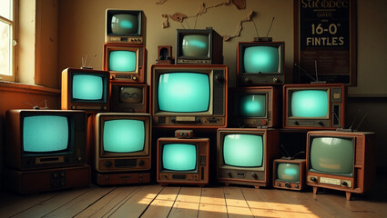 A Nostalgic Stack of Vintage CRT Television Sets in Various Retro Colors and Designs