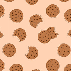 Seamless pattern with cookies hand drawn kawaii illustration. Vector illustration cute seamless chocolate chip cookie pattern. 