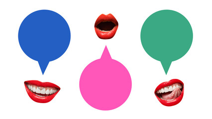 Colorful collage of speech bubbles with red lips isolated on white. Concept of expression,...