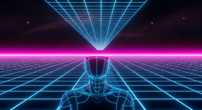 Immersive futuristic neon grid landscape with glowing human form evokes virtual reality and AI concepts