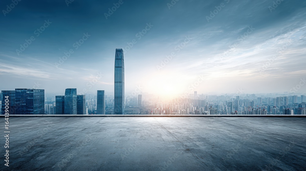 Poster modern cityscape view with empty concrete platform, perfect for mockups and product placement