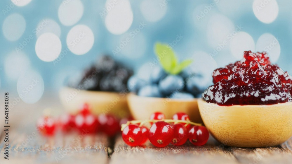 Poster delicious assorted fruit jams displayed on wooden table with bokeh background