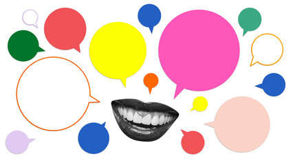 Creative collage of black and white smiling mouth with colorful speech bubbles. Concept of talking, sharing ideas, communication, and dialogue with copy space in speech shapes.
