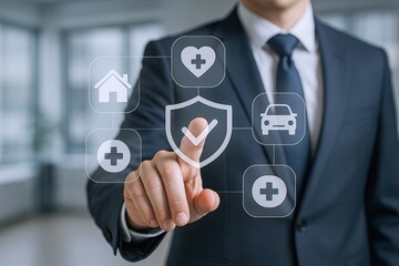 Insurance Concept: Businessman Touching Shield Icon Representing Protection for Health, Home, Car, and Life