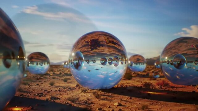 Futuristic metallic spheres mirror celestial vastness and arid landscapes under an alien sky, creating an otherworldly desert reflection.