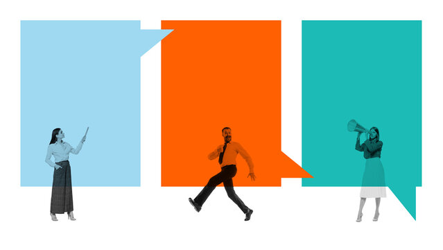 Modern collage of business people interacting with large colorful speech bubbles. Concept of communication, teamwork, and dialogue with copy space for text and branding.