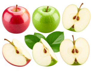 Whole and Sliced Red and Green Apples with Leaves, Angled Composition, Transparent Background PNG