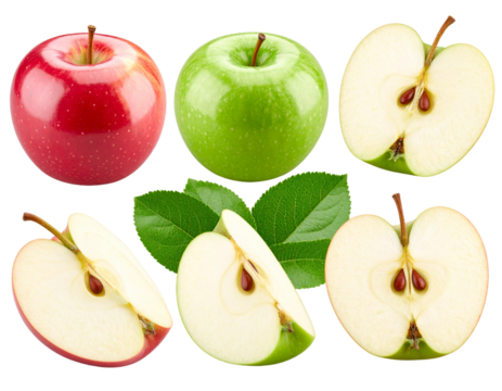 Whole and Sliced Red and Green Apples with Leaves, Angled Composition, Transparent Background PNG