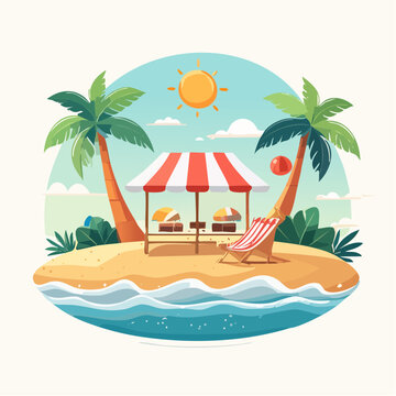 Cartoon beach scene with a striped cabana and palm trees on a sunny day