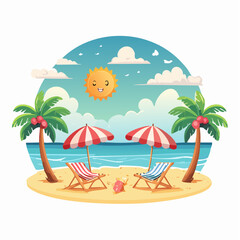 Obraz premium Cartoon tropical paradise illustration featuring beach chairs palm trees and smiling sun