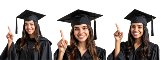 set of Smiling Female Graduate in Cap and Gown Pointing Upward with One Finger, Transparent Background