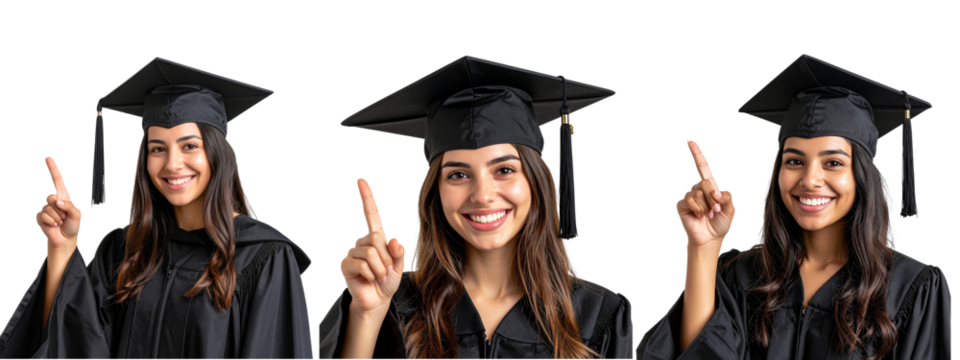set of Smiling Female Graduate in Cap and Gown Pointing Upward with One Finger, Transparent Background