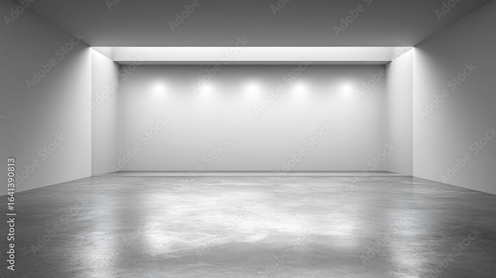 Poster minimalist white room interior with spotlights: empty space for display and modern architecture desi