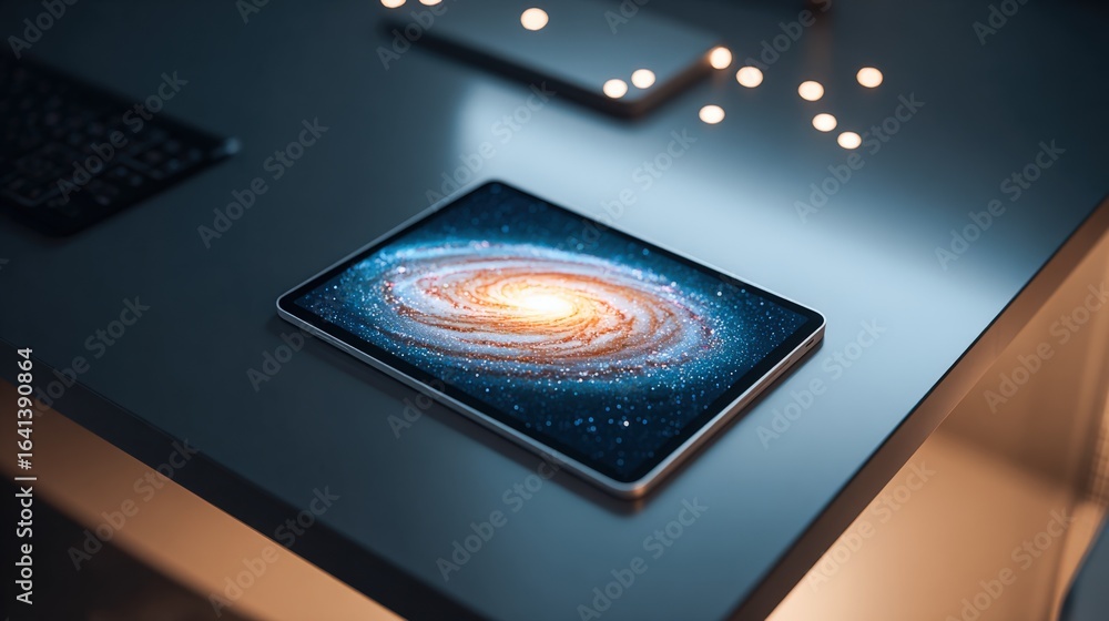 Poster tablet displaying a vibrant galaxy image on a sleek desk, technology enhancing creative expression i