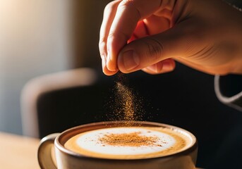 Close-up of cinnamon being added to cappuccino in cozy cafe light, Ai Generate.