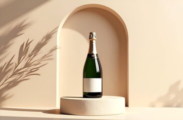 Champagne or wine Bottle Mockup on Textured round Pedestal and arch. minimal studio background with sun light and shadows on wall