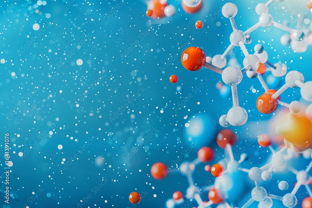 Poster abstract 3d rendering of molecules forming complex structures, floating on a vibrant blue background