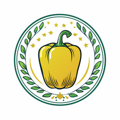 Obraz premium Vibrant yellow bell pepper emblem surrounded by leaves and stars in a circular design